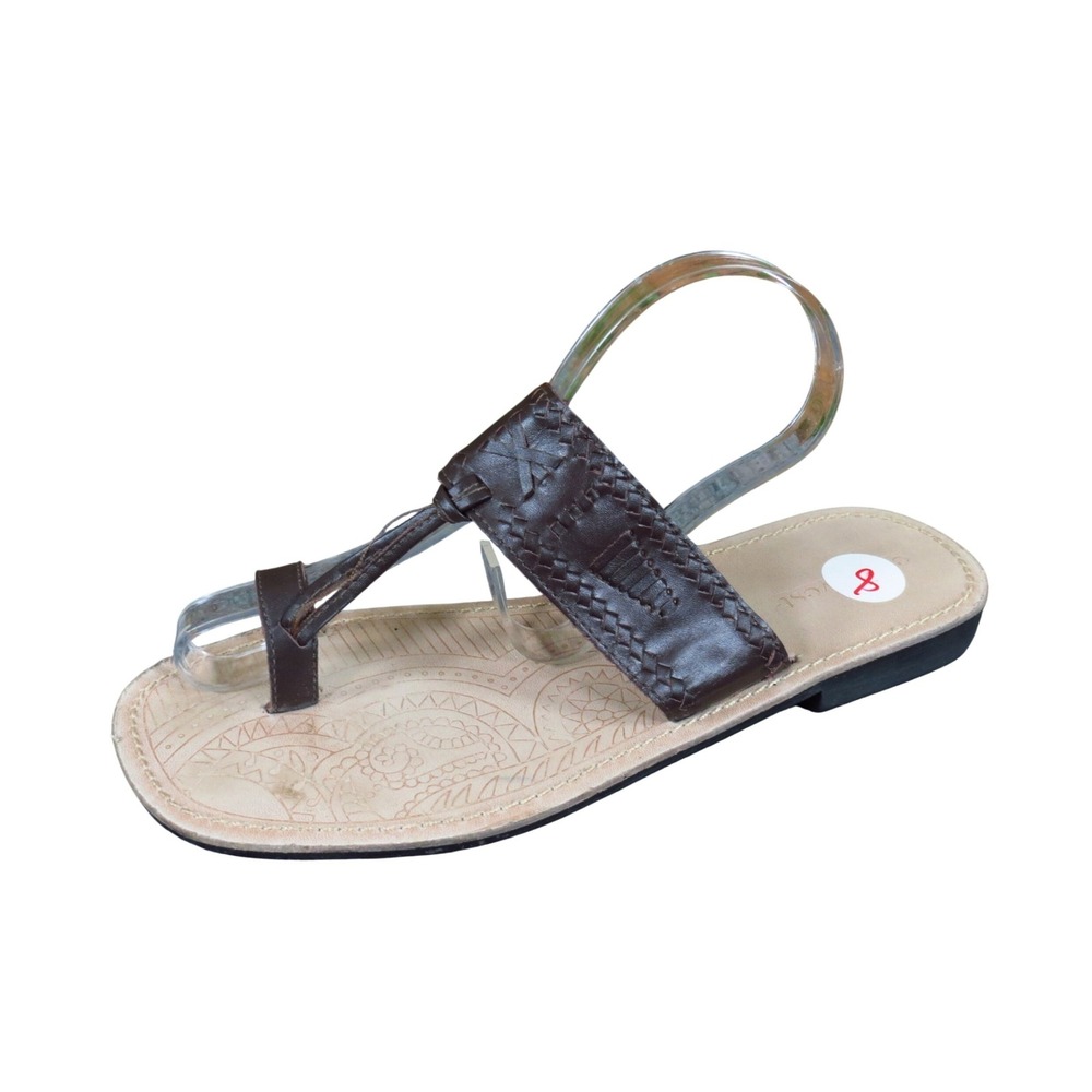 East West Women Thong Sandal Size 8 Summer Beach Slide Brown Woven Leather